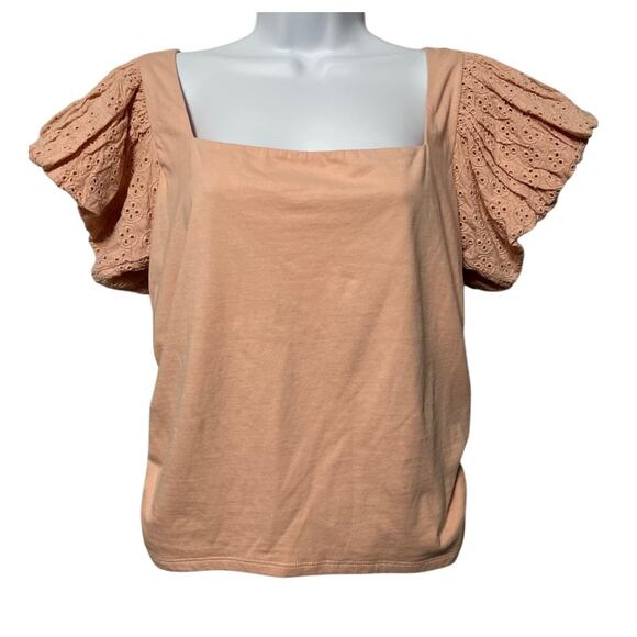 Express Pink Square Neck Eyelet Short Sleeve Rouched Sides Back Bow Size Medium - Picture 1 of 13